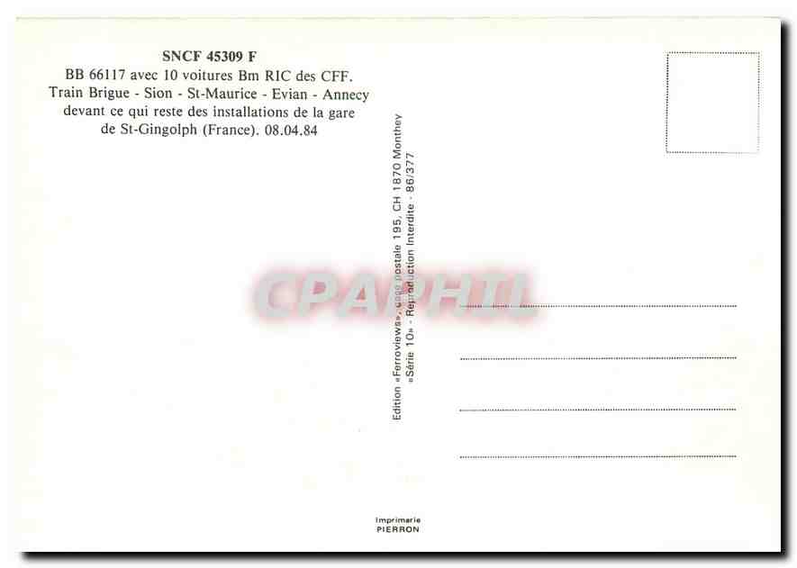 CPM SNCF 45309 F BB 66117 avec 10 voitures Bm RIC des CFF — Verso