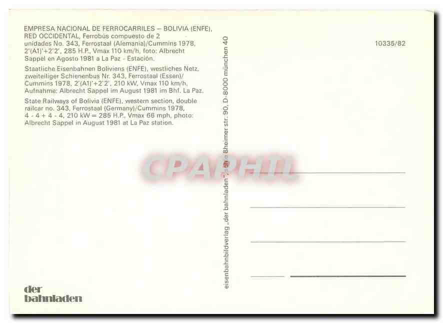 CPM State Railways of Bolivia (ENFE) western section double railcar No.343 — Verso