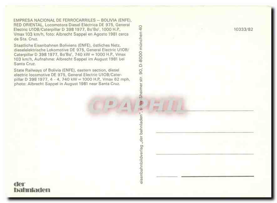 CPM State Railway of Bolivia (ENFE) eastern section diesel electric locomotive DE 975 — Verso