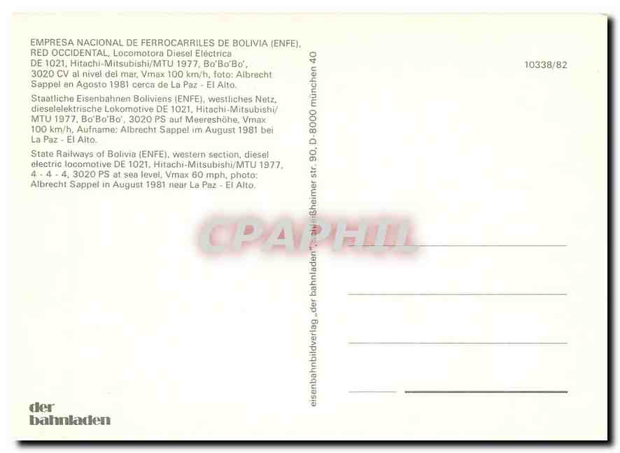 CPM State Railways of Bolivia (ENFE) western section diesel electric locomotive DE 1021 — Verso