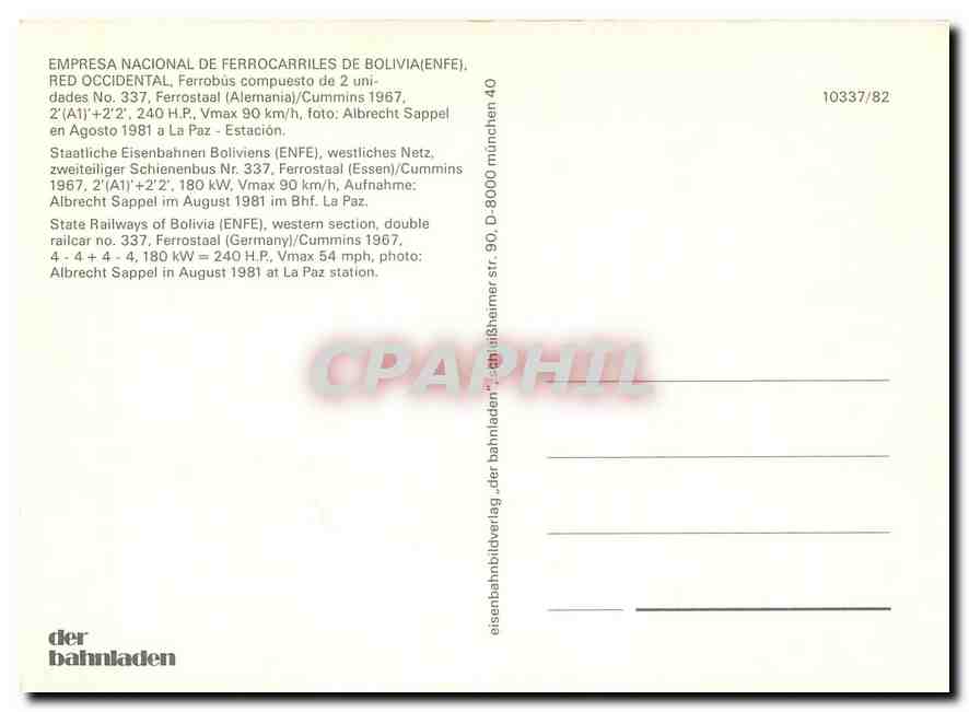 CPM State Railways of Bolivia (ENFE) western section double railcar No.337 — Verso