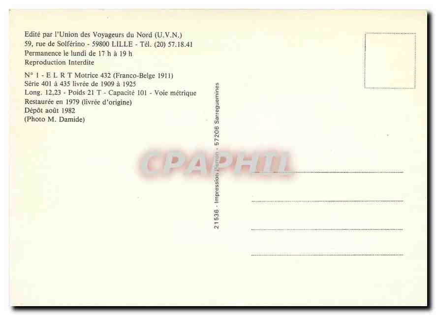 CPM Motrice 432 (Franco-Belge 1911) — Verso