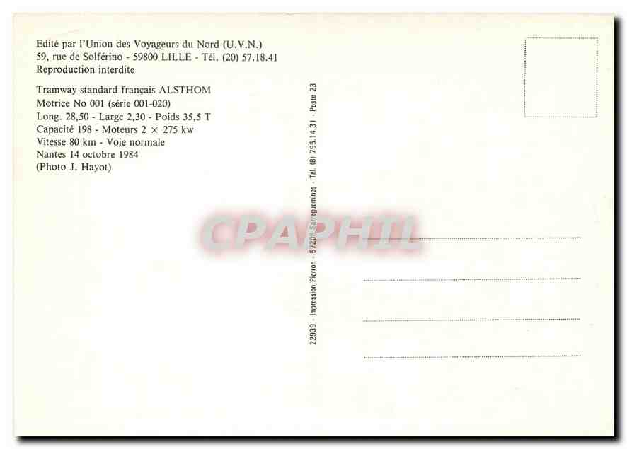 CPM Tramway standard francais Alsthom Motrice No. 001 — Verso