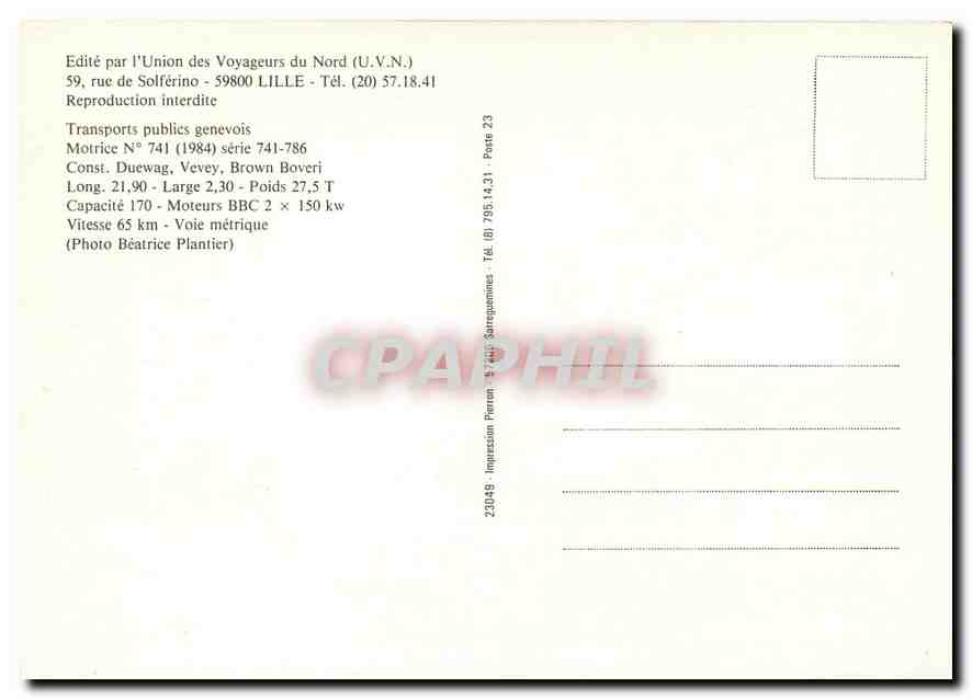 CPM Tranports publics genevois Motrice No. 741 — Verso