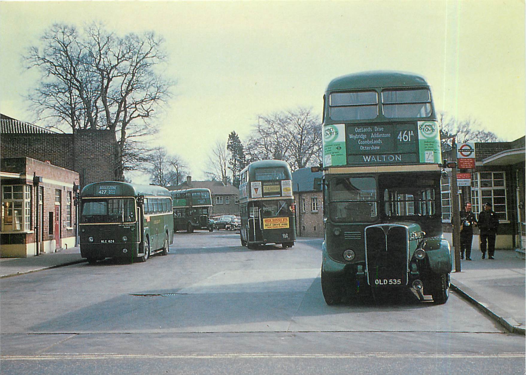 CPM Addlestone Country Bus Garage with green RF RLH  and RT type busses 1970