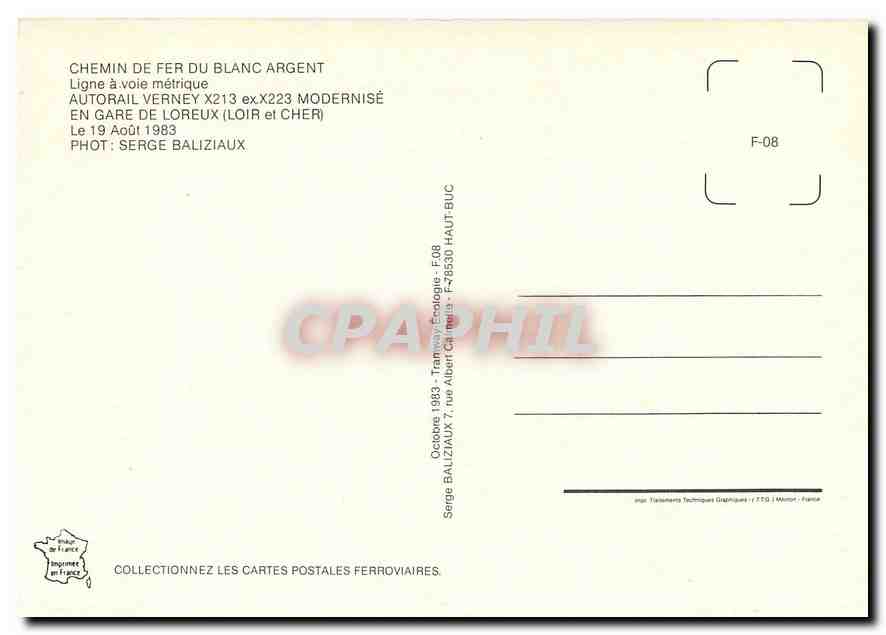 CPM Autorail Verney X213 modernise en gare de Loreux Le 19 Aout 1983 — Verso