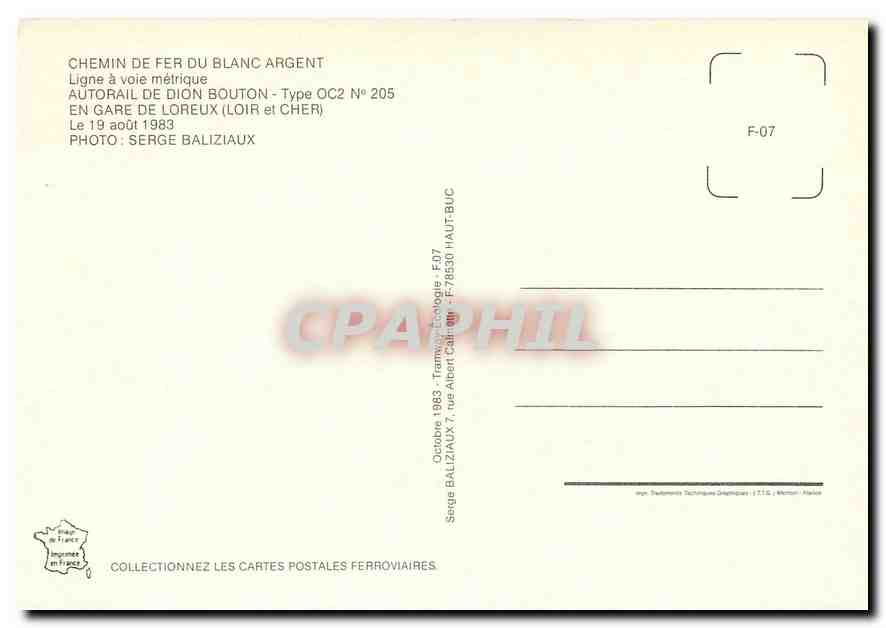 CPM Autorail de Dion Bouton Type OC2 No. 205 — Verso
