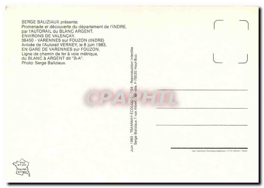 CPM Arrivee de l'Autorail Verney le 8 juin 1983 en gare de Varennes sur Fouzon — Verso