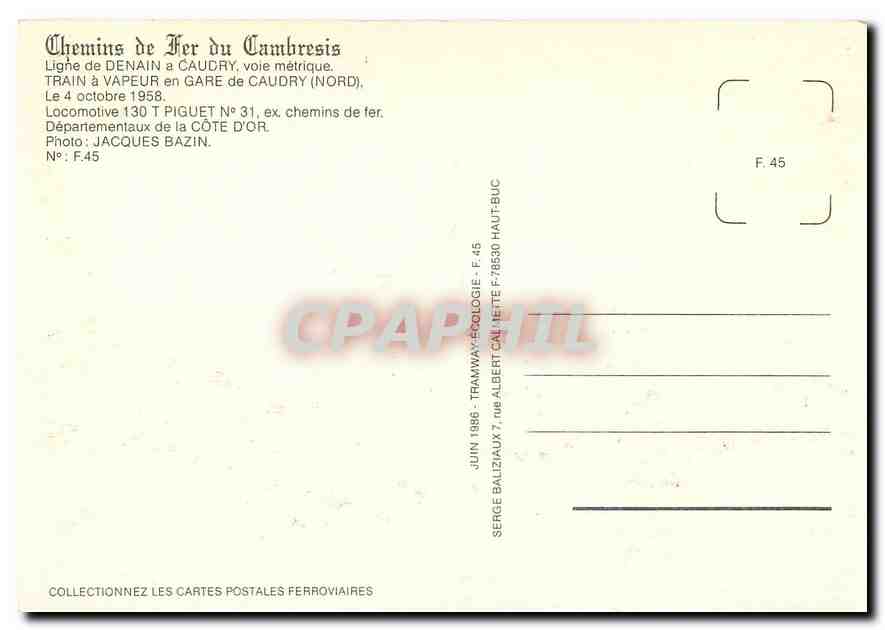 CPM Train a vapeur en Gare de Caudry (Nord). Le 4 octobre 1958 — Verso