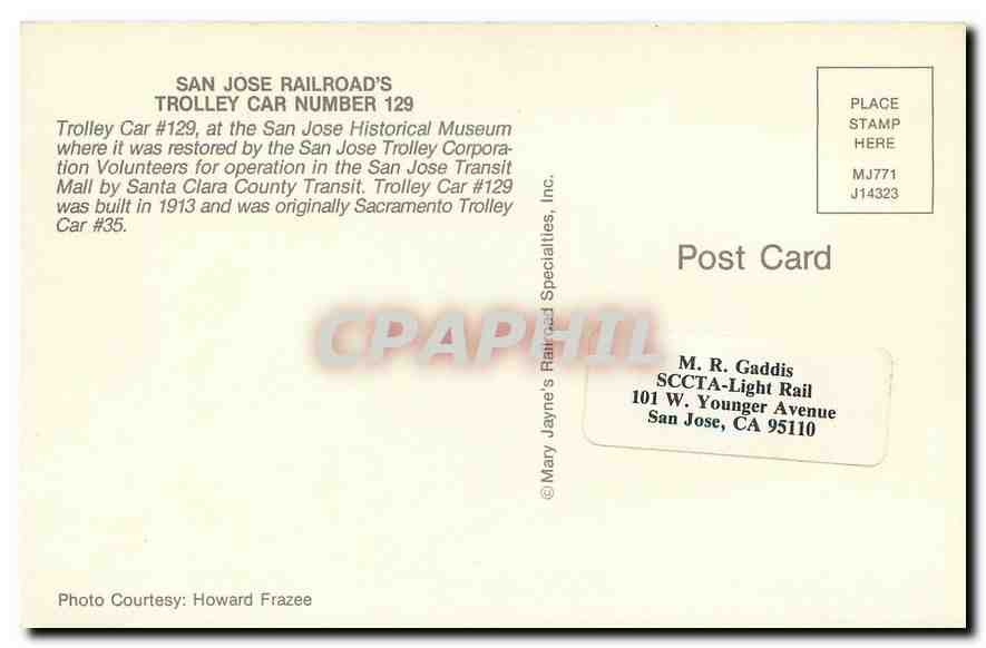 CPM San Jose Railroads Trolley Car Number 129 — Verso