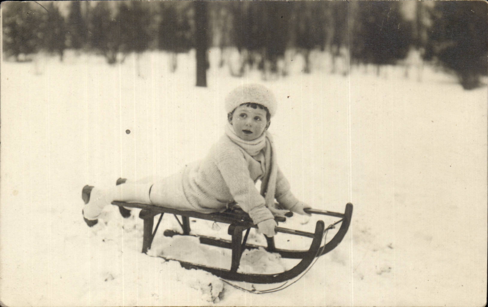 Carte photo Enfant et luge (sports d'hiver)