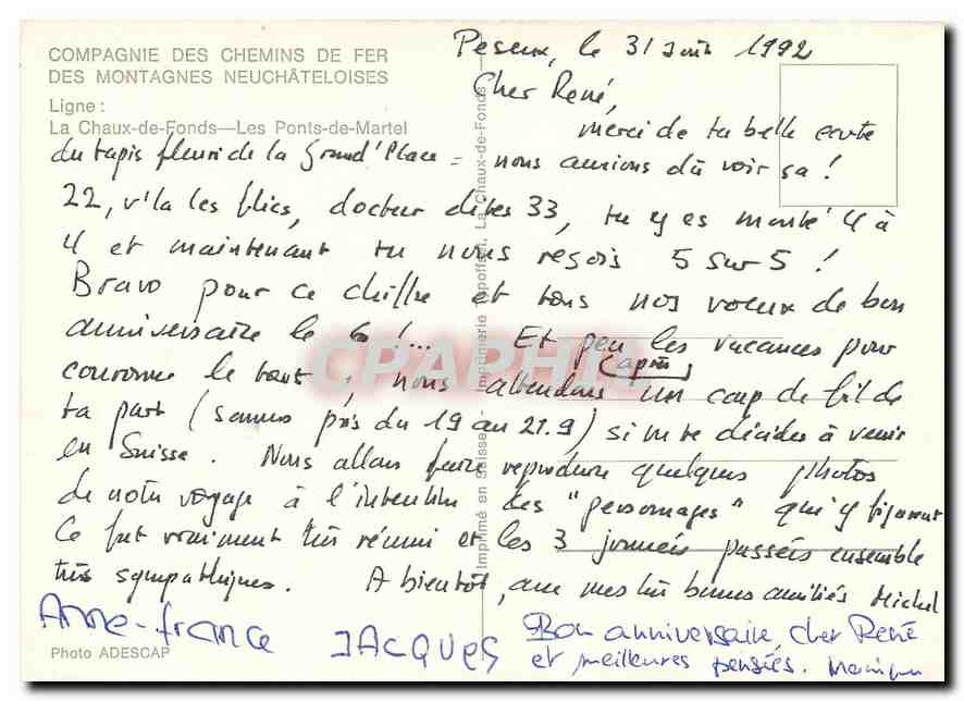 CPM Ligne: La Chaux-de-Fonds - Les Ponts-de-Martel — Verso