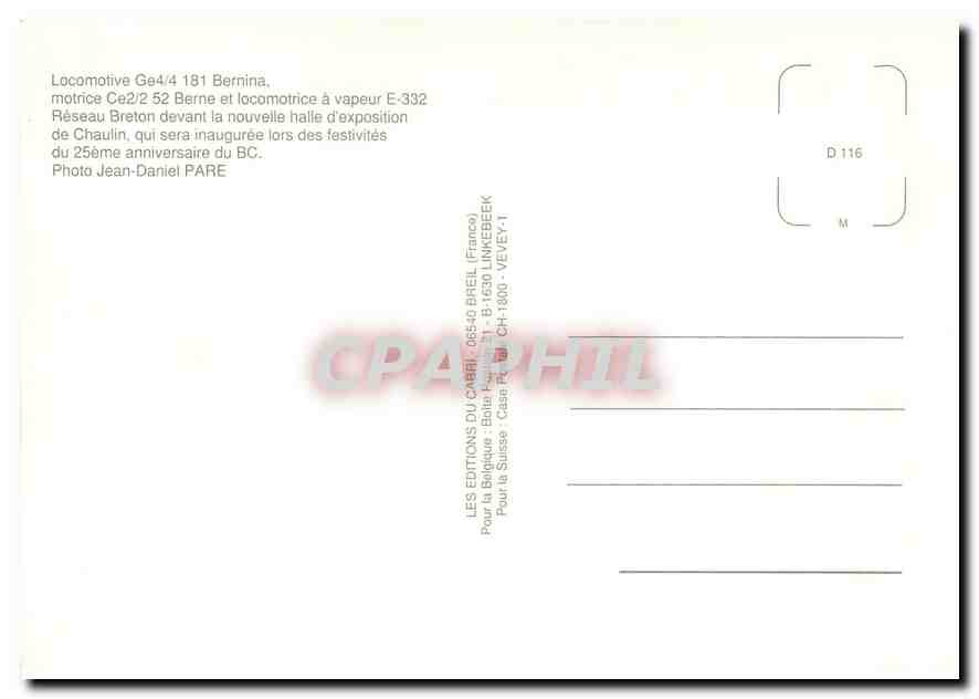 CPM Musee Blonay-Chamby Locomotive Ge 4/4 Bernina — Verso