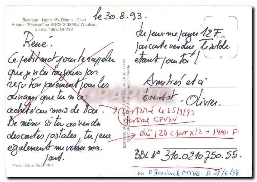 CPM Belgique - Ligne 154 Dinant-Givet — Verso