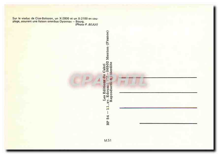 CPM Sur le viaduc de Cize-Bolozon un X-2800 et un X-2100 en couplage assurent une liasion omnibus Oy — Verso