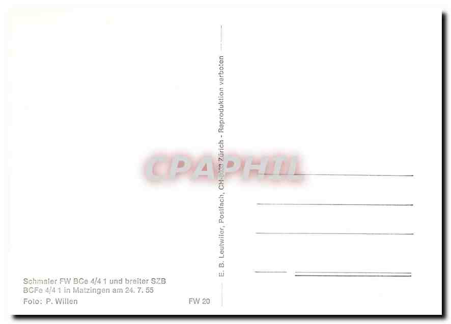 CPM Schmaler FW BCe 4/4 1 und breiter SZB BCFe 4/4 1 in Matzingen am 24.7.55 — Verso