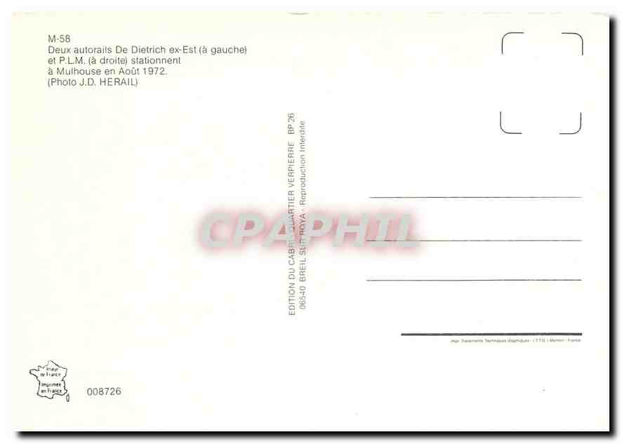 CPM Deux autorails de Dietrich Ex-Est (a gauche) et P.L.M. (a droite) stationnent a Mulhouse en Aout — Verso