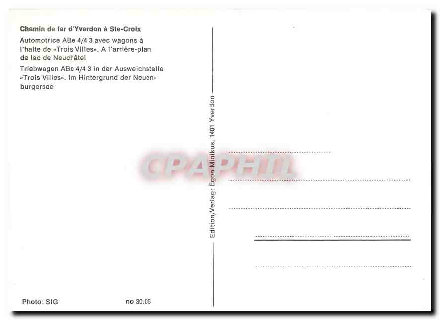 CPM Automotrice ABe 4/4 3 avec wagons a l'halte de "Trois Villes" — Verso