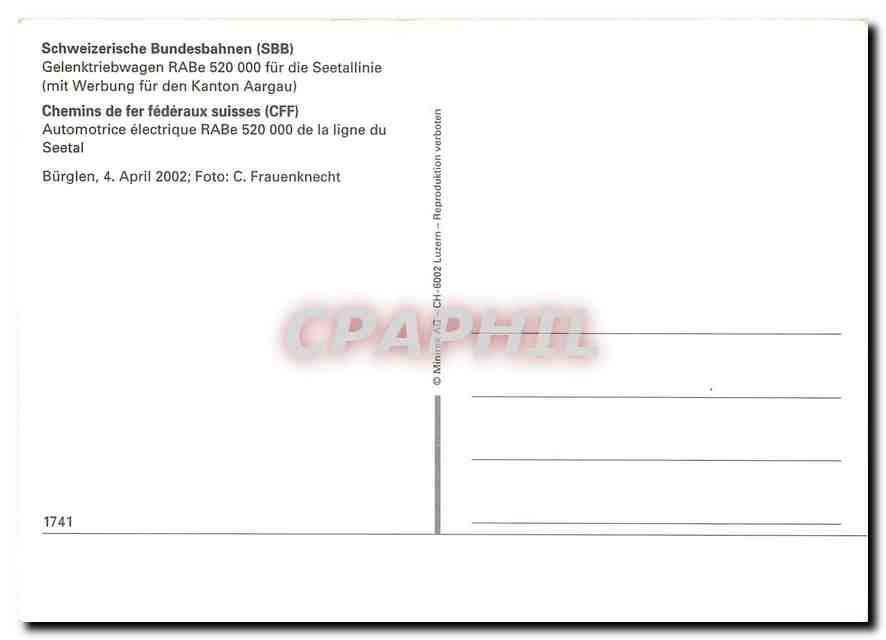 CPM Chemins de fer federaux suisses (CFF) Automotrice electrique RABe 520 000 de la ligne du Seetal — Verso