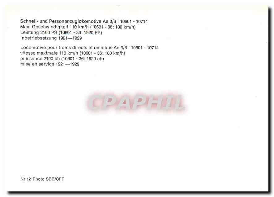 CPM Locomotive pour trains directs et omnibus Ae 3/6 I 10601 — Verso
