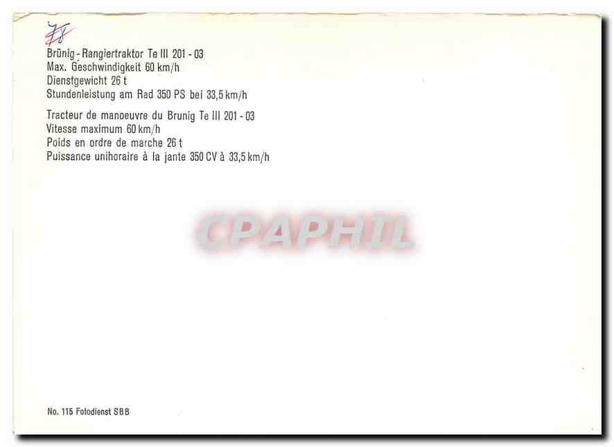 CPM Tracteur de manoeuvre du Brunig TE III 201-03 — Verso