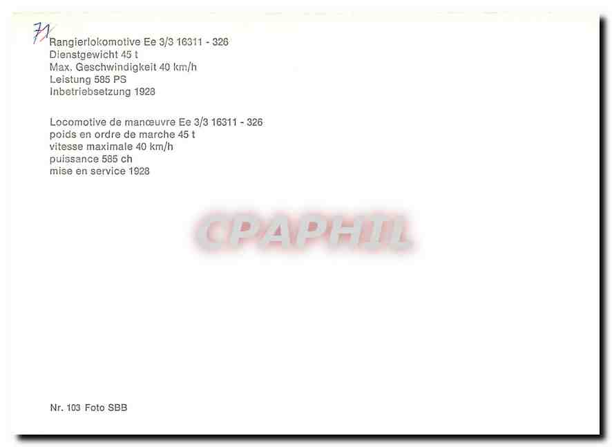 CPM Locomotive de manoeuvre Ee 3/3 16311-326 — Verso