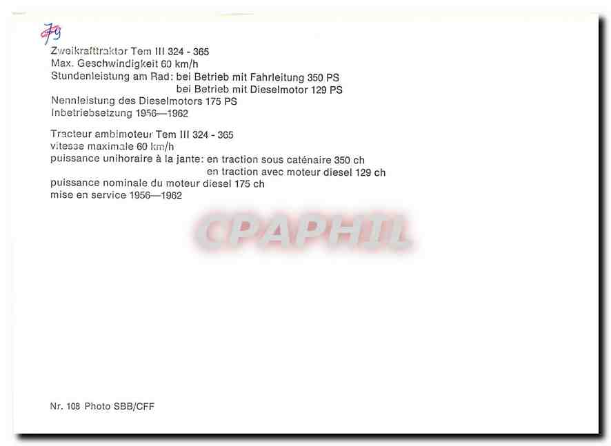 CPM Tracteur ambimoteur Tem III 324-365 — Verso