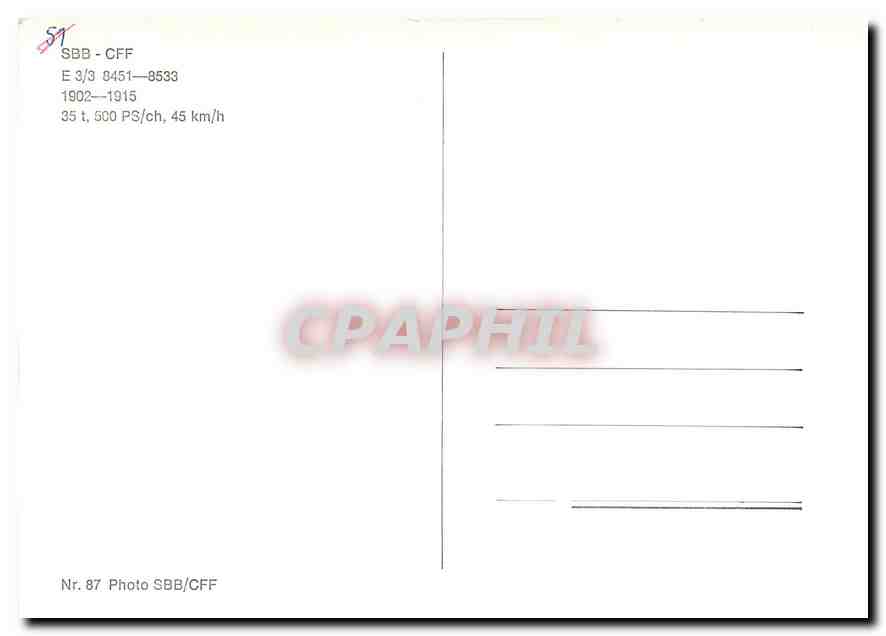 CPM SBB-CFF E 3/3 8451-8553 1902-1915 — Verso