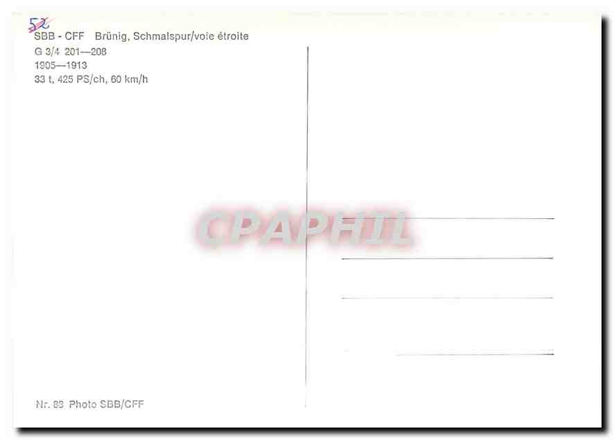 CPM SBB-CFF Bruenig Schmalspur/voie etroite G 3/4 201-208 1905-1913 — Verso