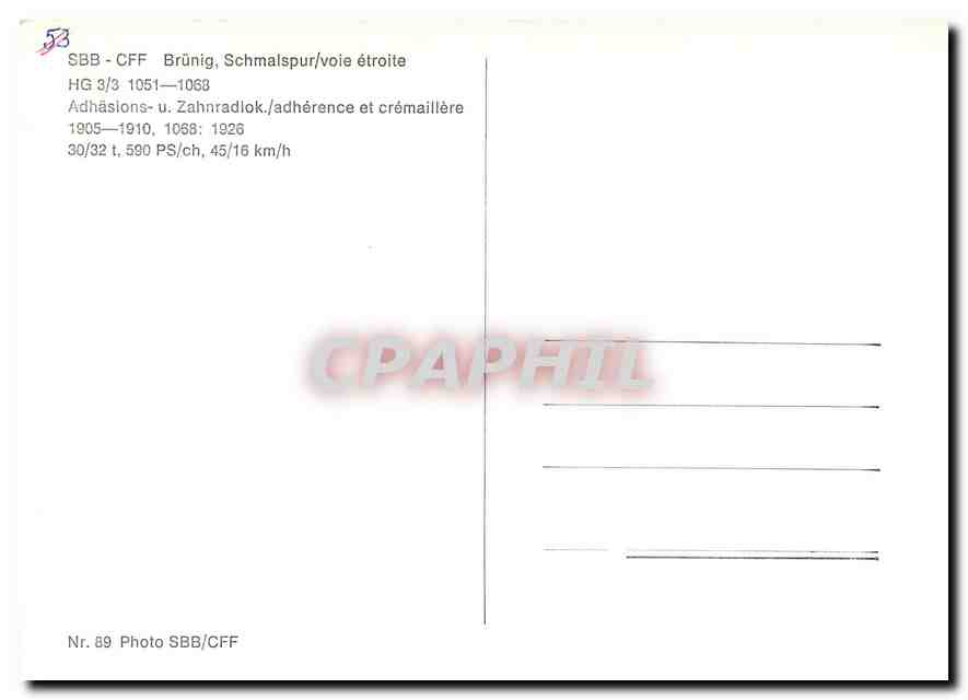 CPM SBB-CFF Bruenig Schmalspur/voie etroite HG 3/3 1051-1068 — Verso