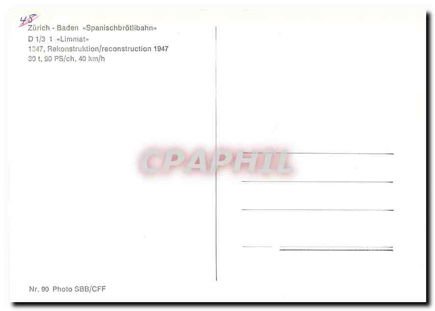 CPM Zuerich - Baden ''Spanischbroetlibahn'' D 1/3 1 ''Limmat'' 1847 — Verso
