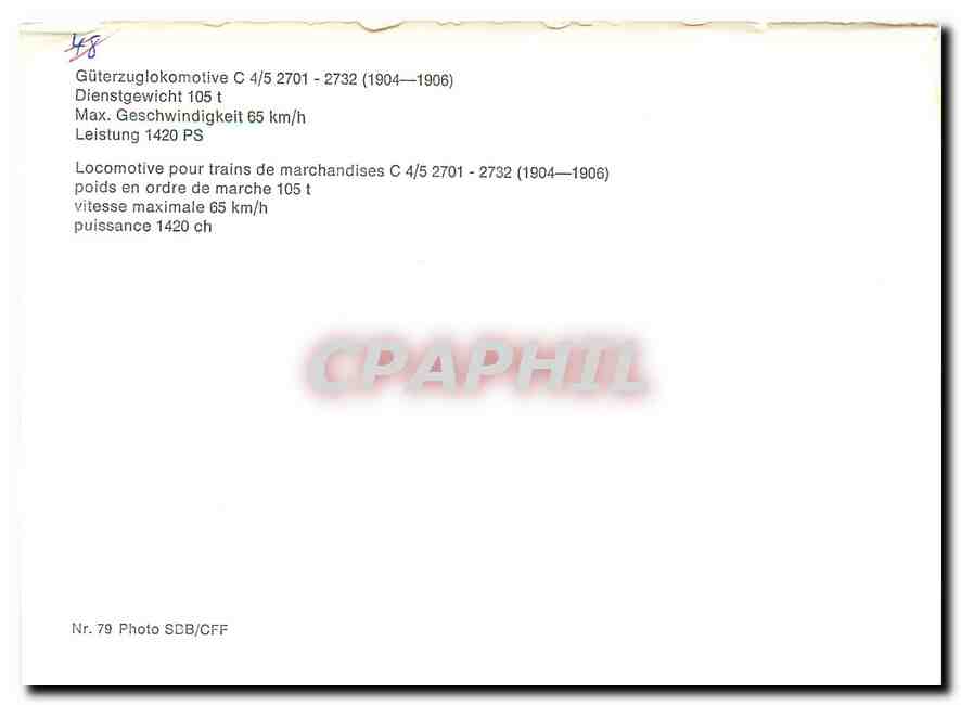 CPM Locomotive pour trains de marchandises C 4/5 2701-2732 (1904-1906) — Verso