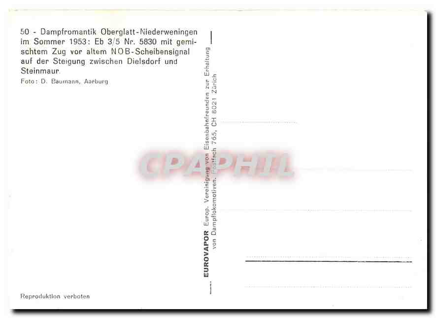 CPM Dampfromantik Oberglatt-Niederweningen im Sommer 1953 — Verso