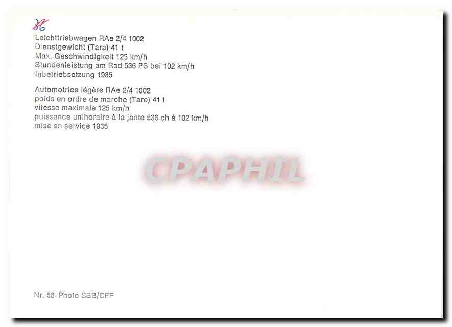 CPM Automotrice legere RAe 2/4 1002 — Verso