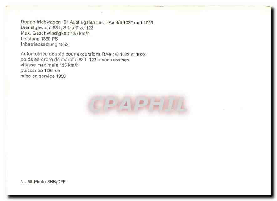 CPM Automotrice double pour excursions RAe 4/8 1022 et 1023 — Verso