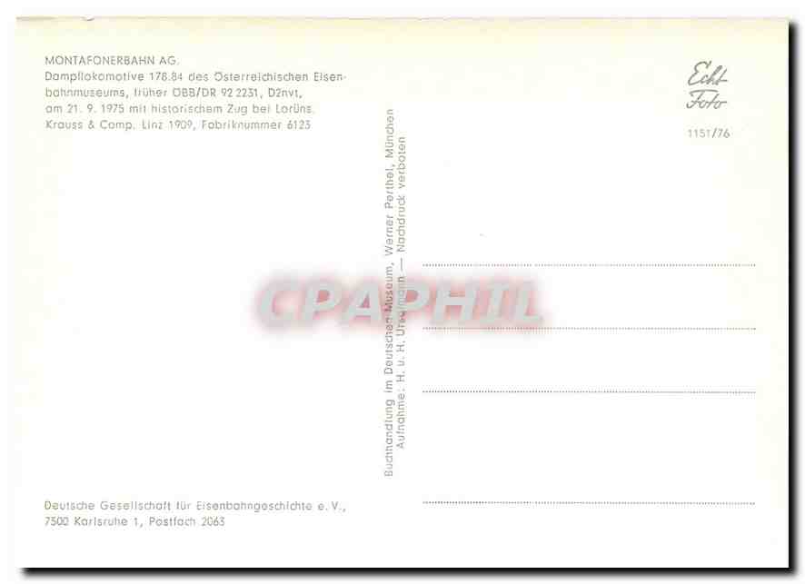 CPM Montafonerbahn AG Dampflokomotive 178.84 des Osterreichischen Eisenbahnmuseums — Verso