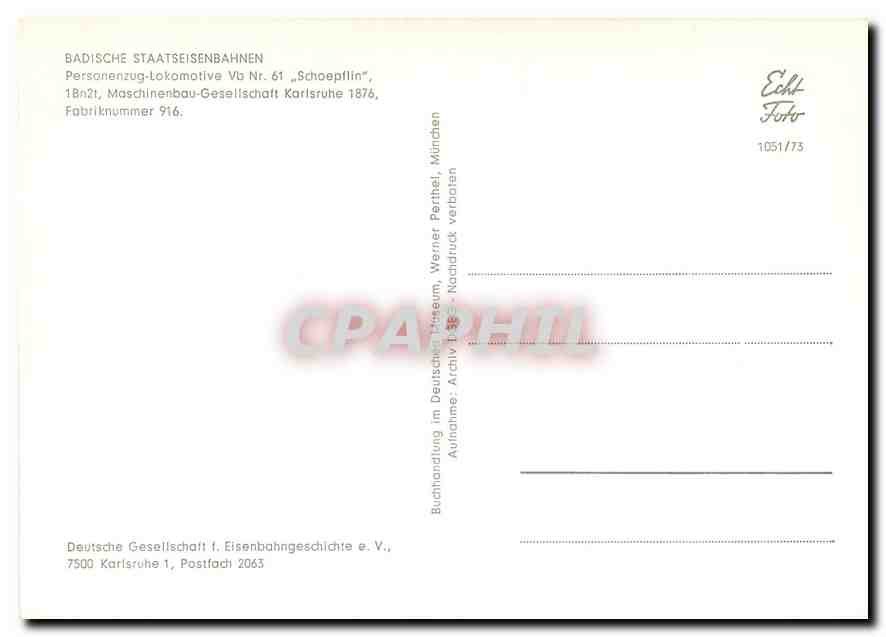 CPM Badische Staatseisenbahnen Personenzug-lokomotive Vb Nr.61 ''Schoepflin'' — Verso