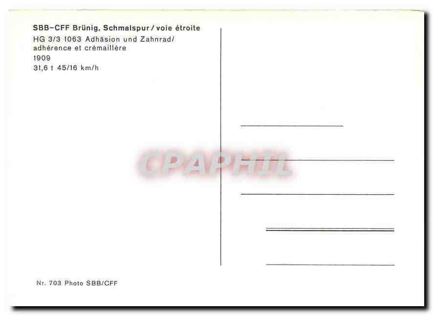 CPM SCB - Schweizerische Centralbahn HG 3/3 1063 Adherence et cremaillere 1909 — Verso