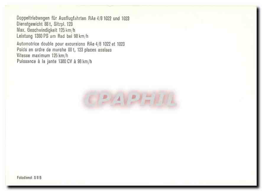 CPM Automotrice double pour excursions RAe 4/8 1022 et 1023 — Verso