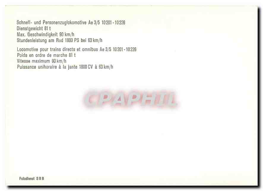 CPM Locomotive pour trains directs et omnibus Ae 3/5 10201-10226 — Verso