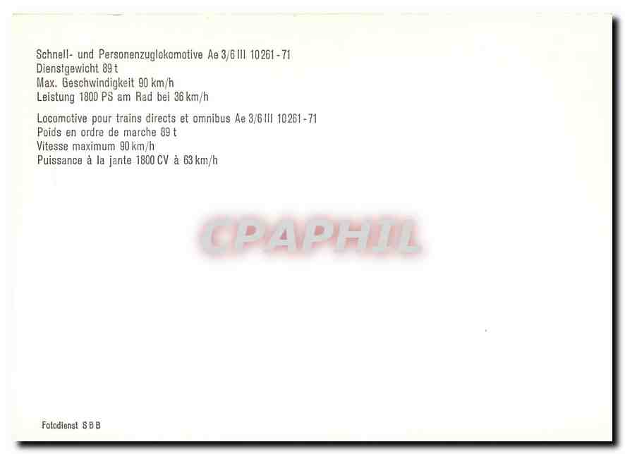 CPM Locomotive pour trains directs et omnibus Ae 3/6 III 10261-71 — Verso