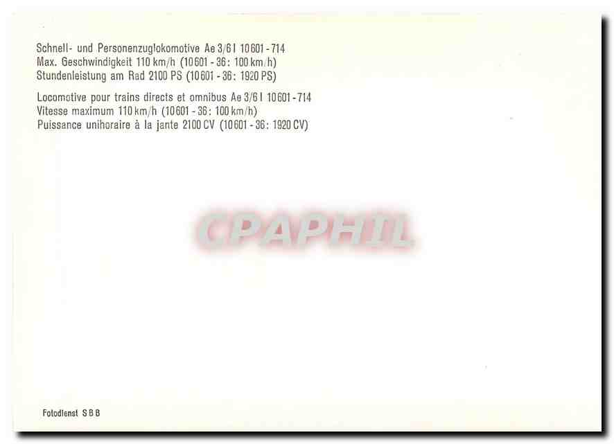 CPM Locomotive pour trains directs et omnibus Ae 3/6 I 10601-714 — Verso