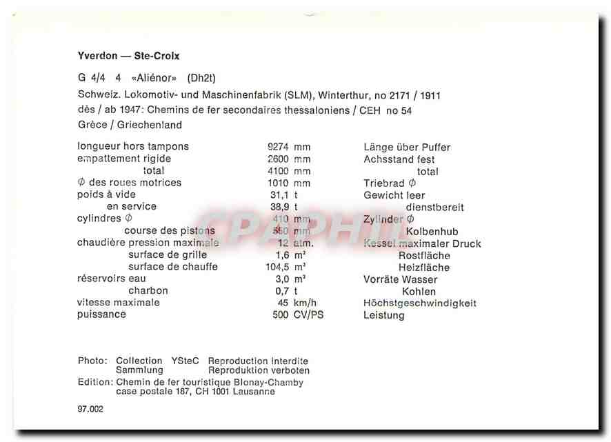 CPM Yverdon - Ste-Croix G 4/4 ''Alienor'' — Verso