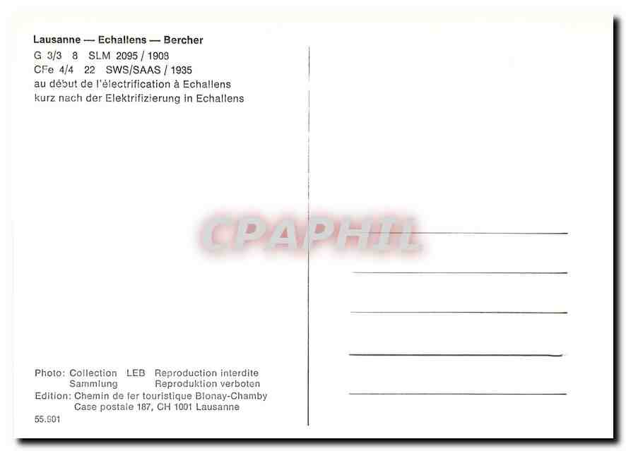 CPM Laussane-Echallens-Bercher G 3/3 8 SLM 2095/1908 CFe 4/4 22 SWS/SAAS/1935 au debut de l'electrif — Verso