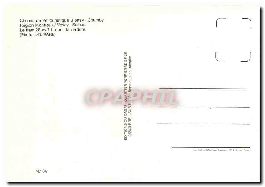 CPM Chemin de fer touristique Blonay-Chamby Le tram 28 ex-T.L. dans la verdure — Verso