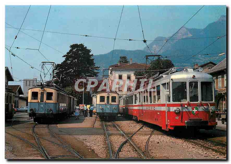 CPM ABDe 4/4 11 et 12 de l'A.S.D. et BDe 4/4 112 de l'A.O.M.C. en gare d'Aigle