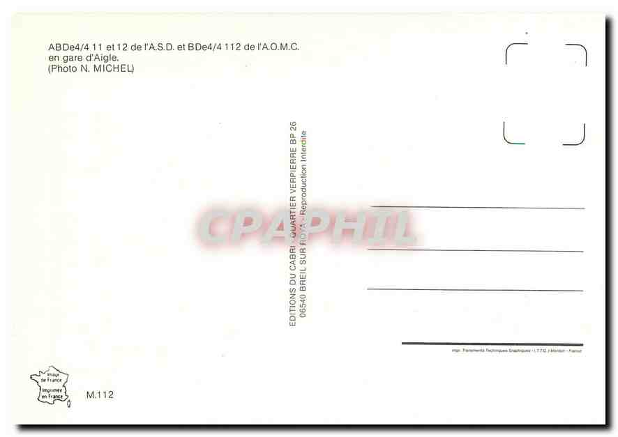 CPM ABDe 4/4 11 et 12 de l'A.S.D. et BDe 4/4 112 de l'A.O.M.C. en gare d'Aigle — Verso