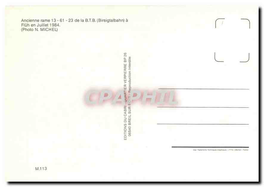 CPM Ancienne rame 13-61-23 de la B.T.B. a Flueh en Juillet 1984 — Verso