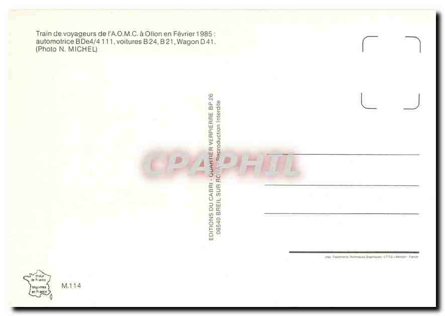 CPM Train de voyageurs de l'A.O.M.C. a Olion en Frevier 1985 — Verso