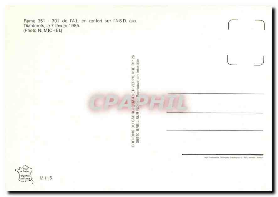 CPM Rame 351-301 de l'A.L. en renfort sur l'A.S.D. aux Diablerets le 7 fevrier 1985 — Verso